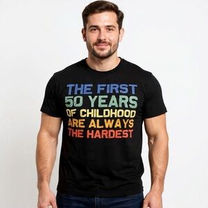 Port & Co “First 50 Years of Childhood” Funny Graphic Tee Gray Sz XL